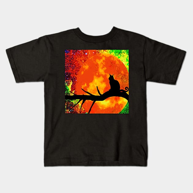 BLACK CAT FIRE HARVEST MOON BLACK TREE Kids T-Shirt by Overthetopsm